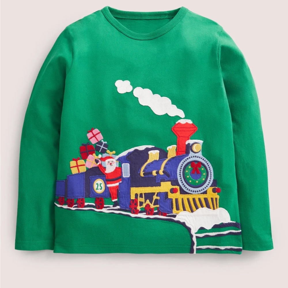 Mini Boden Festive Appliqué- Kids Green Train Graphic Shirt